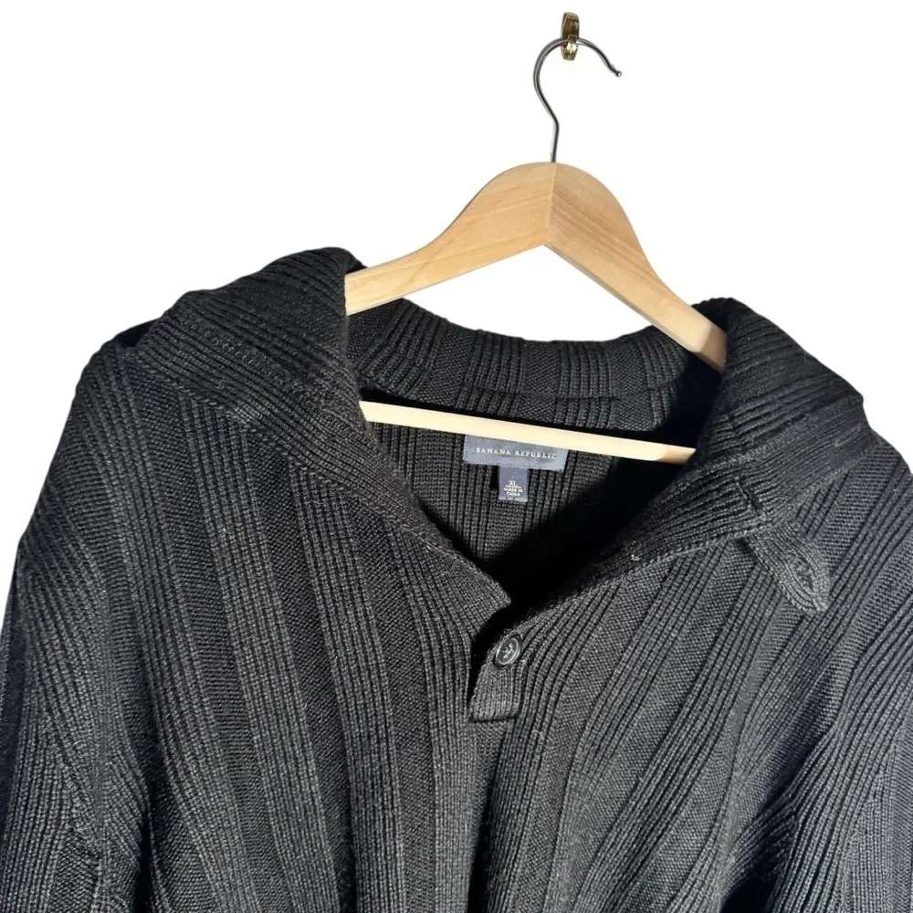 Banana Republic Men's Henley Sweater Merino Wool Ribbed Cowl Neck Black Size XL